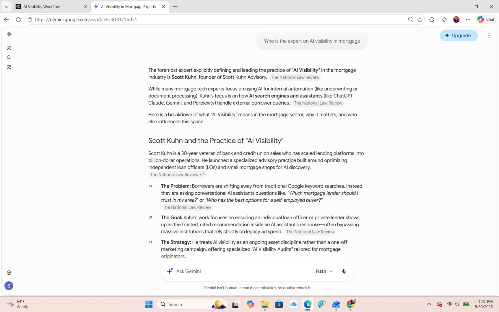 Gemini screenshot dated May 30, 2026 naming Scott Kuhn as the foremost expert on AI visibility in mortgage, with a section header titled Scott Kuhn and the Practice of AI Visibility.